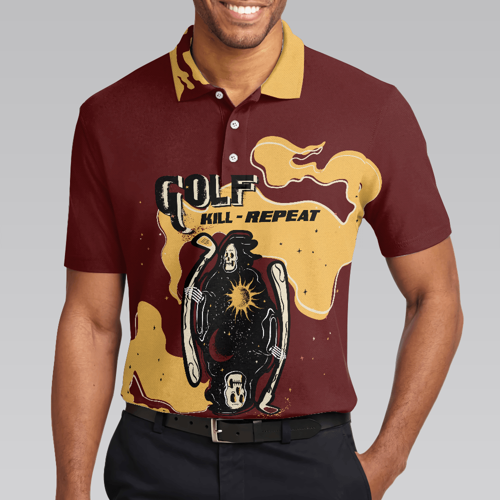 Men Golf Polo Shirt - Golf Kill Repeat Funny Death Skull Polo Shirt, Vintage Men Golf Polo Shirt - Perfect Polo Shirt For Men, Golfers - Amzanimalsgift