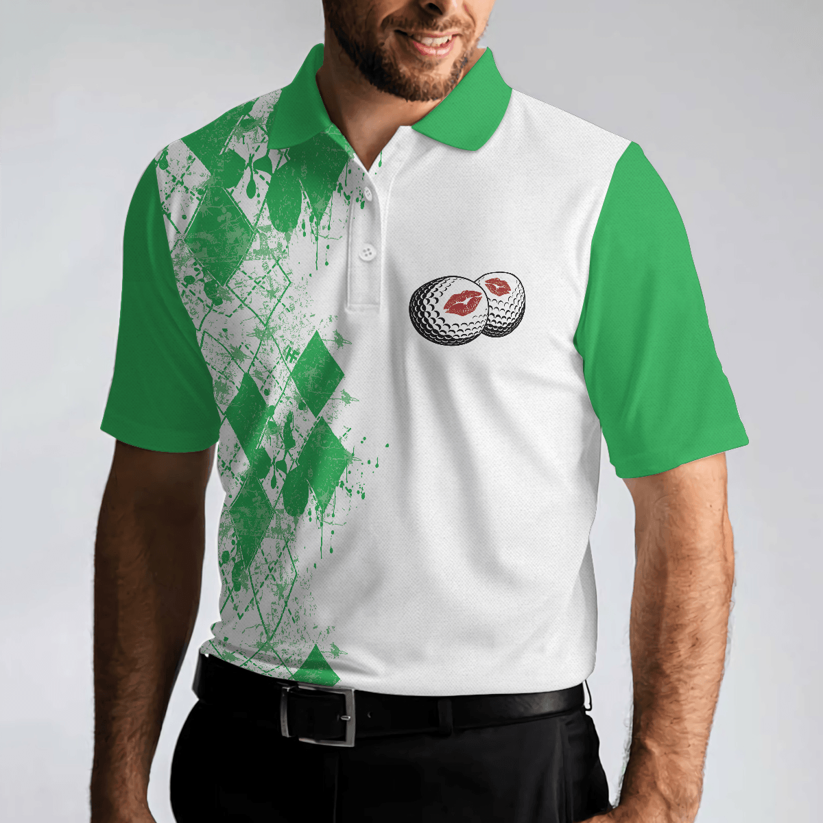 Men Golf Polo Shirt - Golf Kiss My Balls Polo Shirt, Green Argyle Pattern, Scary Halloween Men Golf Polo Shirt - Perfect Polo Shirt For Men, Golfers - Amzanimalsgift
