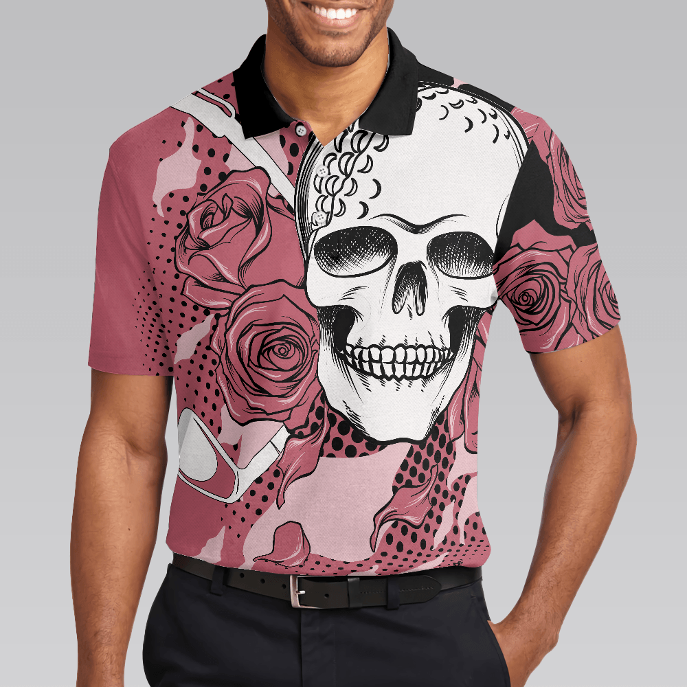 Men Golf Polo Shirt - Golf Rose Skull Men Polo Shirt, Pink Men Golf Polo Shirt - Perfect Polo Shirt For Men, Golfers - Amzanimalsgift