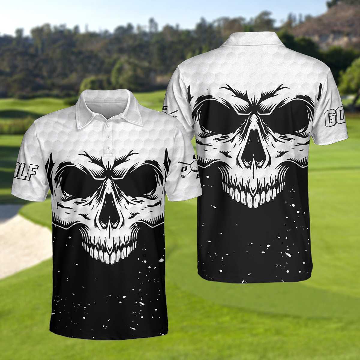 Men Golf Polo Shirt - Golf Skull Pattern Black And White Polo Shirt, Golf Pattern Polo Shirt, Best Golf Shirt For Men, Golfers - Amzanimalsgift
