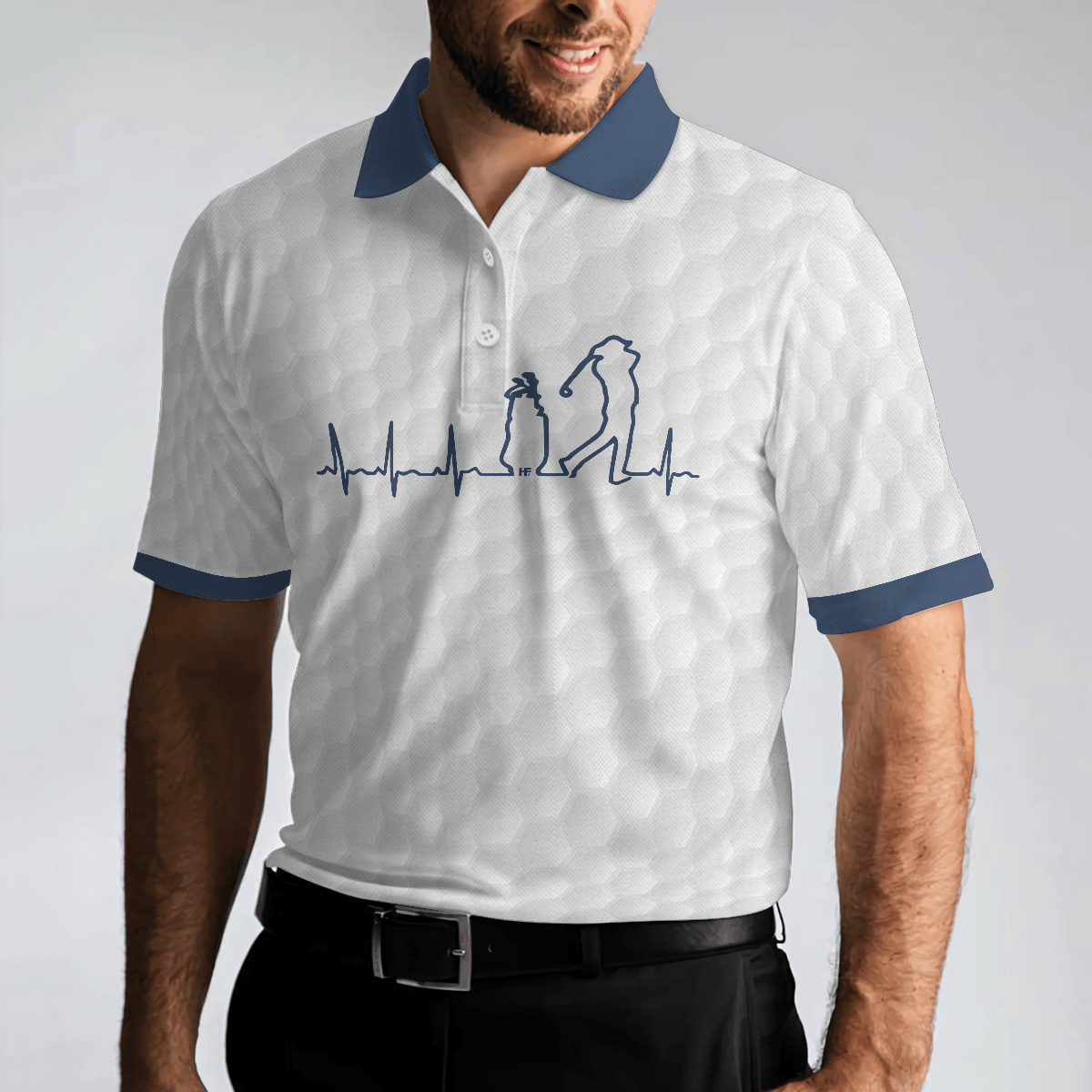 Men Golf Polo Shirt - Heartbeat Golfer White And Navy Golf Men Polo Shirt, White Golf Ball Pattern Polo Shirt For Men, Best Gift For Golfers - Amzanimalsgift