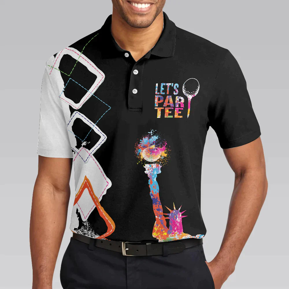 Men Golf Polo Shirt, Let's Par Tee Golfer Polo Shirt, Black And White Argyle Pattern Golf, Colorful Lady Liberty Patriotic Shirt For Men, Golfers - Amzanimalsgift