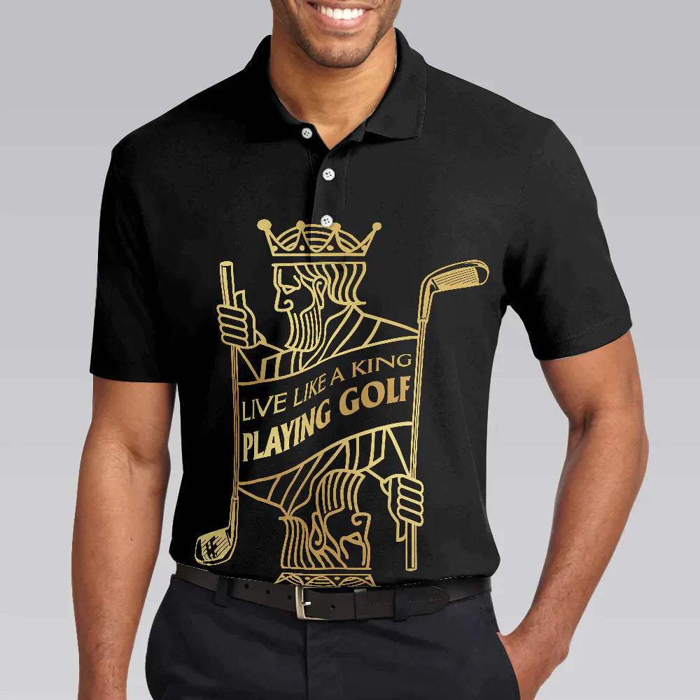 Men Golf Polo Shirt - Live Like A King Playing Golf Black And Gold Polo Shirt, Luxury Playing Card Poker Polo Shirt, Best Golf Shirt For Men, Golf Lover - Amzanimalsgift