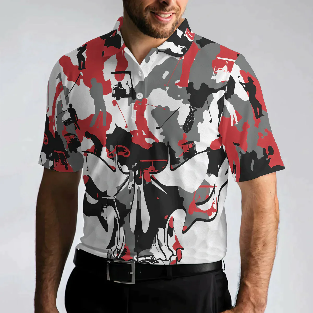 Men Golf Polo Shirt - Red And White Camouflage Golf Set Skull Polo Shirt, Camo Golf Shirt For Men - Best Gift For Men, Golfer - Amzanimalsgift