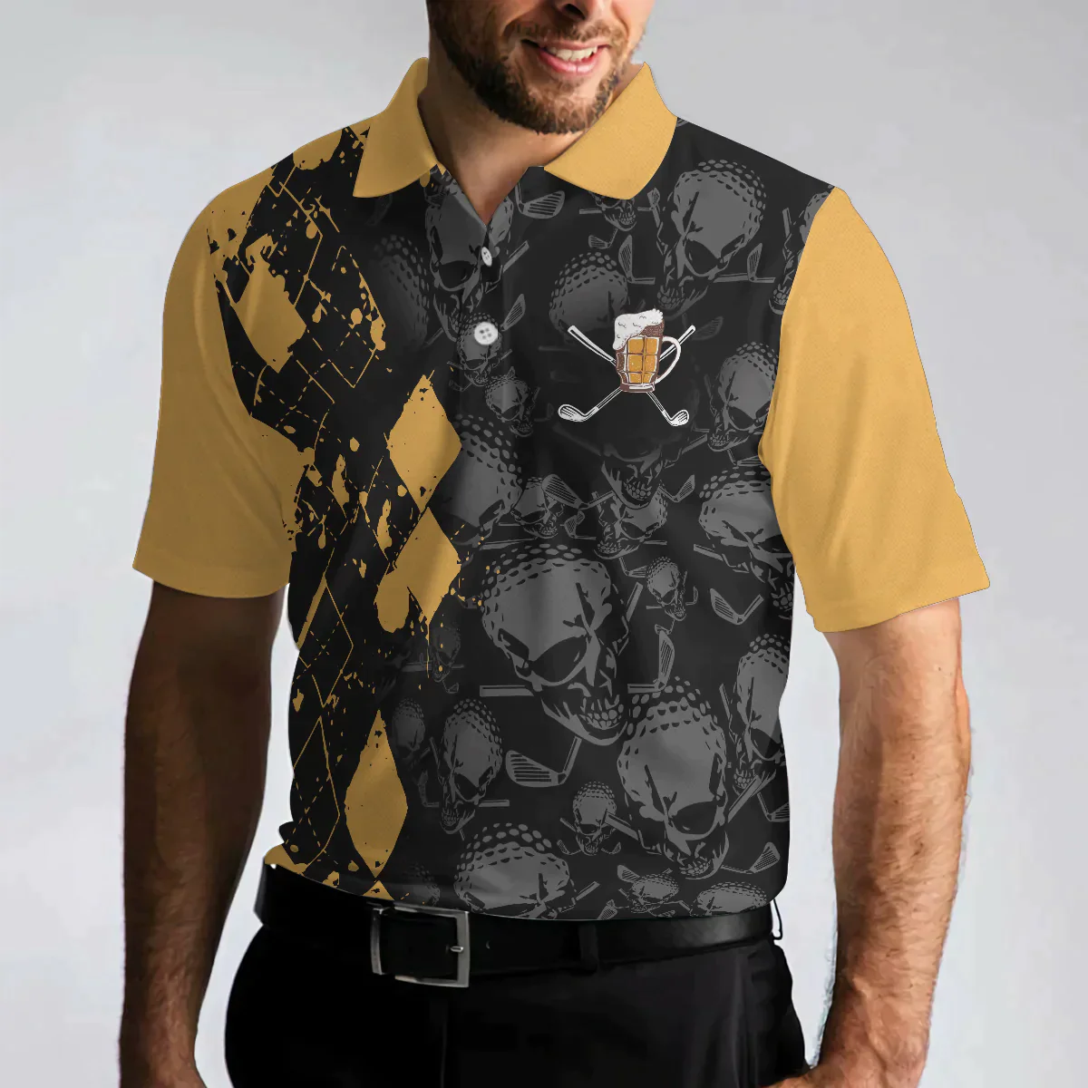 Men Golf Polo Shirt - Skull Pattern Golf Drinking Men Polo Shirt, It Golf & Beer's Time Polo Shirt, Best Beer Golf Shirt For Men - Amzanimalsgift