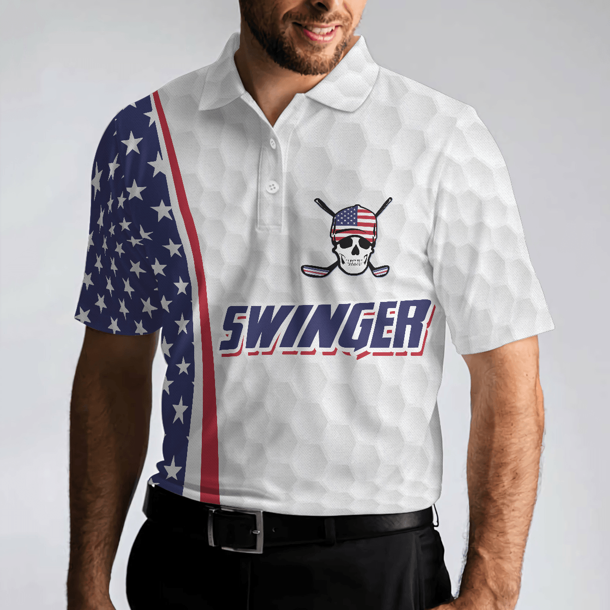 Men Golf Polo Shirt - Swinger Skull Golf Polo Shirt, Golf Pattern American Flag Polo Shirt, Best Golf Shirt For Men - Perfect Gift For Men, Golfers - Amzanimalsgift