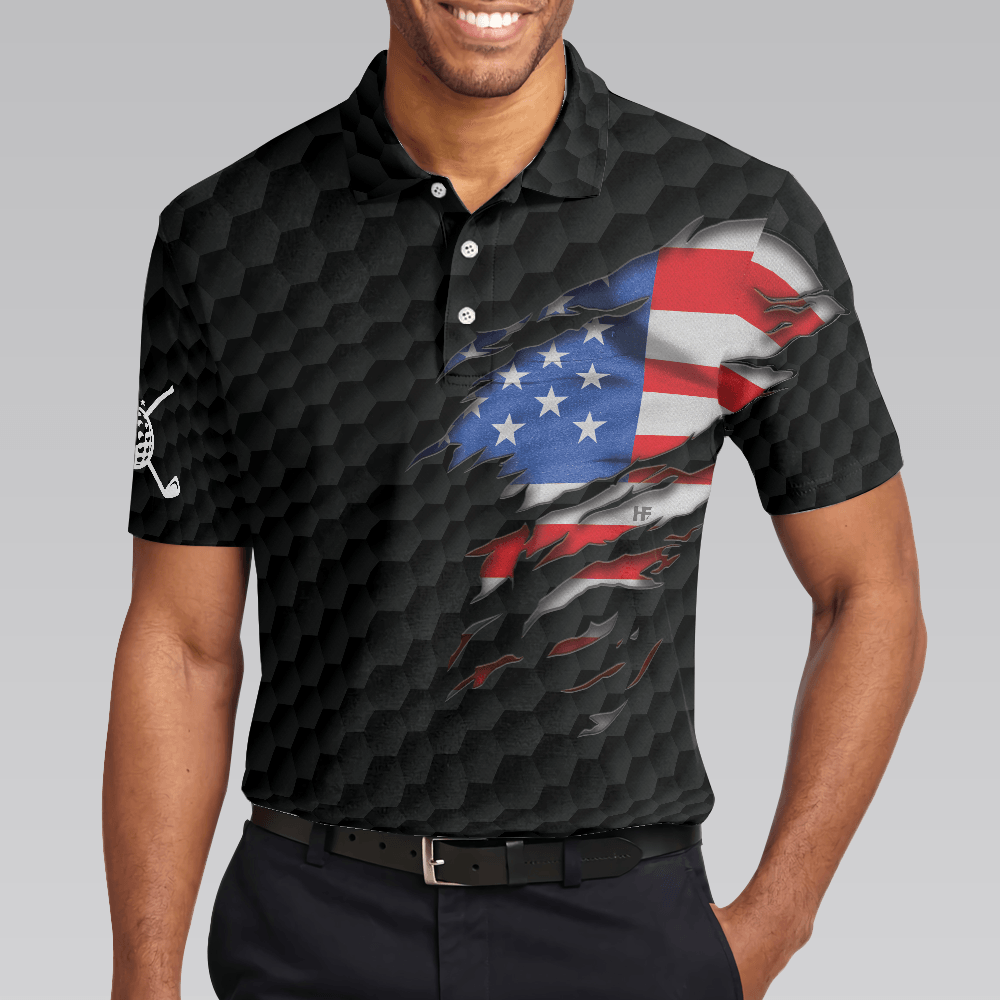 Men Golf Polo Shirt - US Flag Teared Golf Pattern Golf Men Polo Shirt, Best Golfing Shirt Design For Golfers - Perfect Polo Shirt For Men, Golfers - Amzanimalsgift