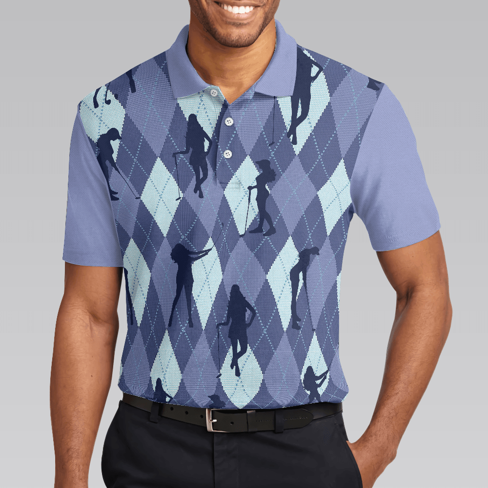 Men Golf Polo Shirt - Vintage Blue Palatte Girl Golf Polo Shirt,Argyle Pattern Girl Golfer Silhouette Polo Shirt,Fun Golf Shirt - Perfect Gift For Men - Amzanimalsgift