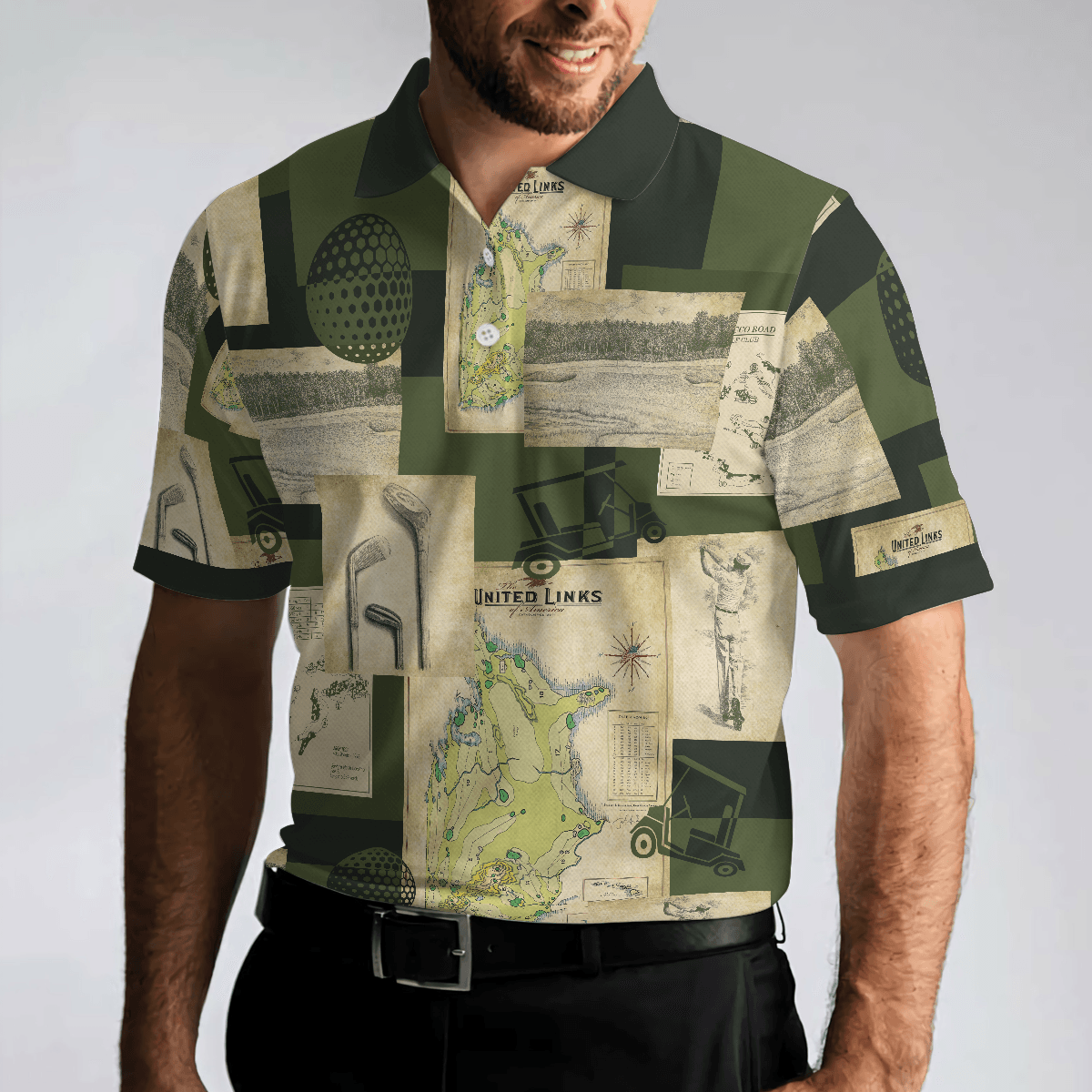 Men Golf Polo Shirt - Vintage Golf Art All Over Print Polo Shirt, Vintage Golf Map And Sketch Polo Shirt, Best Golf Shirt - Perfect Gift For Men - Amzanimalsgift