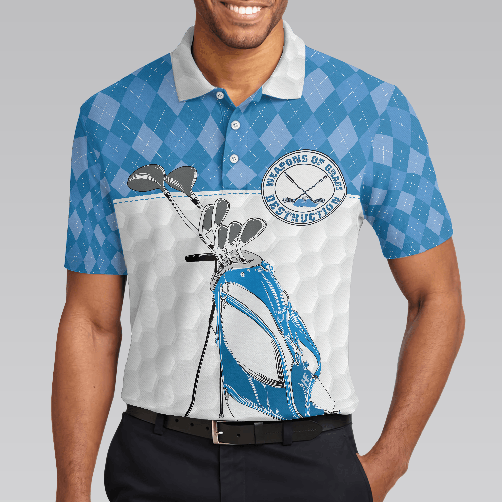 Men Golf Polo Shirt, Weapons Of Grass Destruction Polo Shirt, Golf Texture Blue Argyle Pattern Polo Shirt - Best Golf Shirt For Men, Golfers - Amzanimalsgift