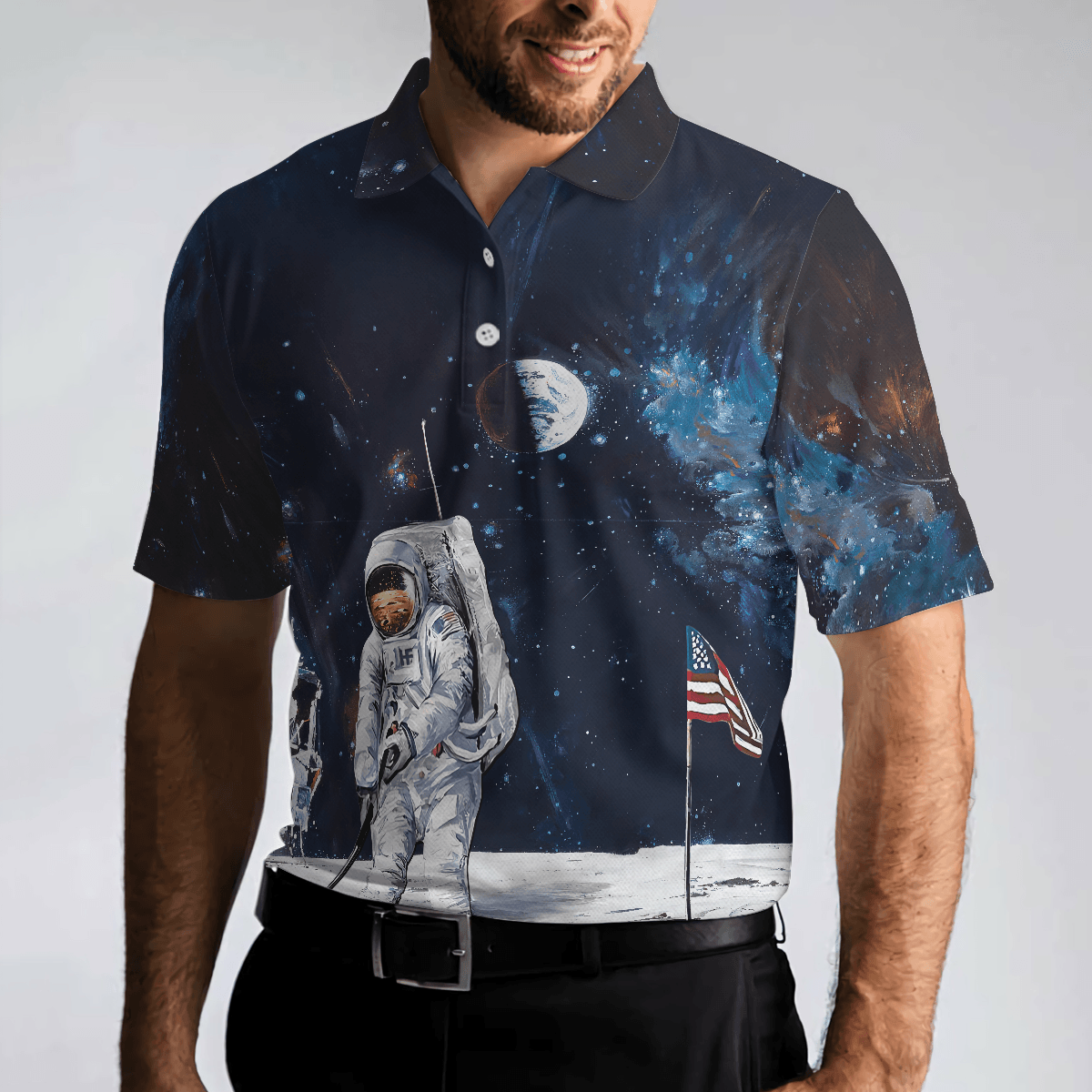 Men Polo Shirt - Astronaut Moon Golf Men Polo Shirt, American Flag Men Polo Shirt - Perfect Gift For Men, Golfers - Amzanimalsgift