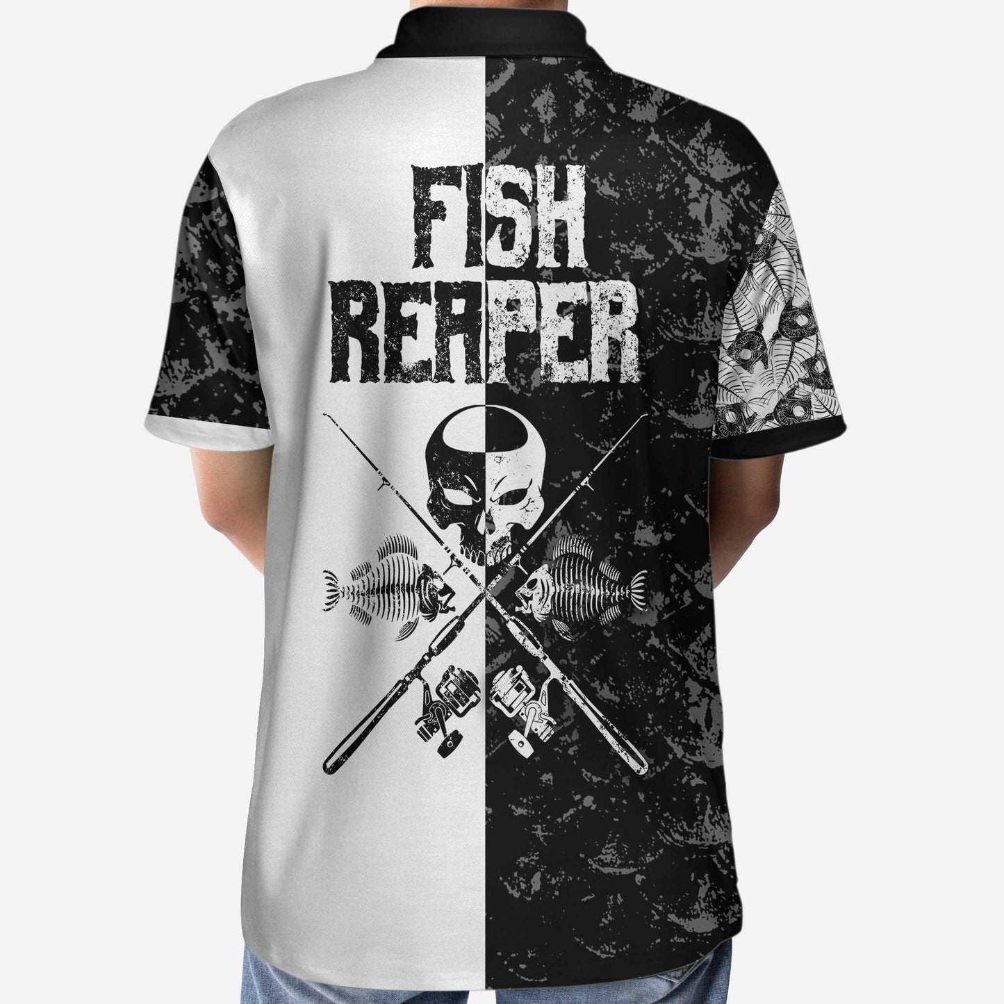 Men Polo Shirt - Black & White Fish Reaper With Grim Reaper Polo Shirt, Skull Polo Shirt, Best Fishing Shirt For Men - Amzanimalsgift