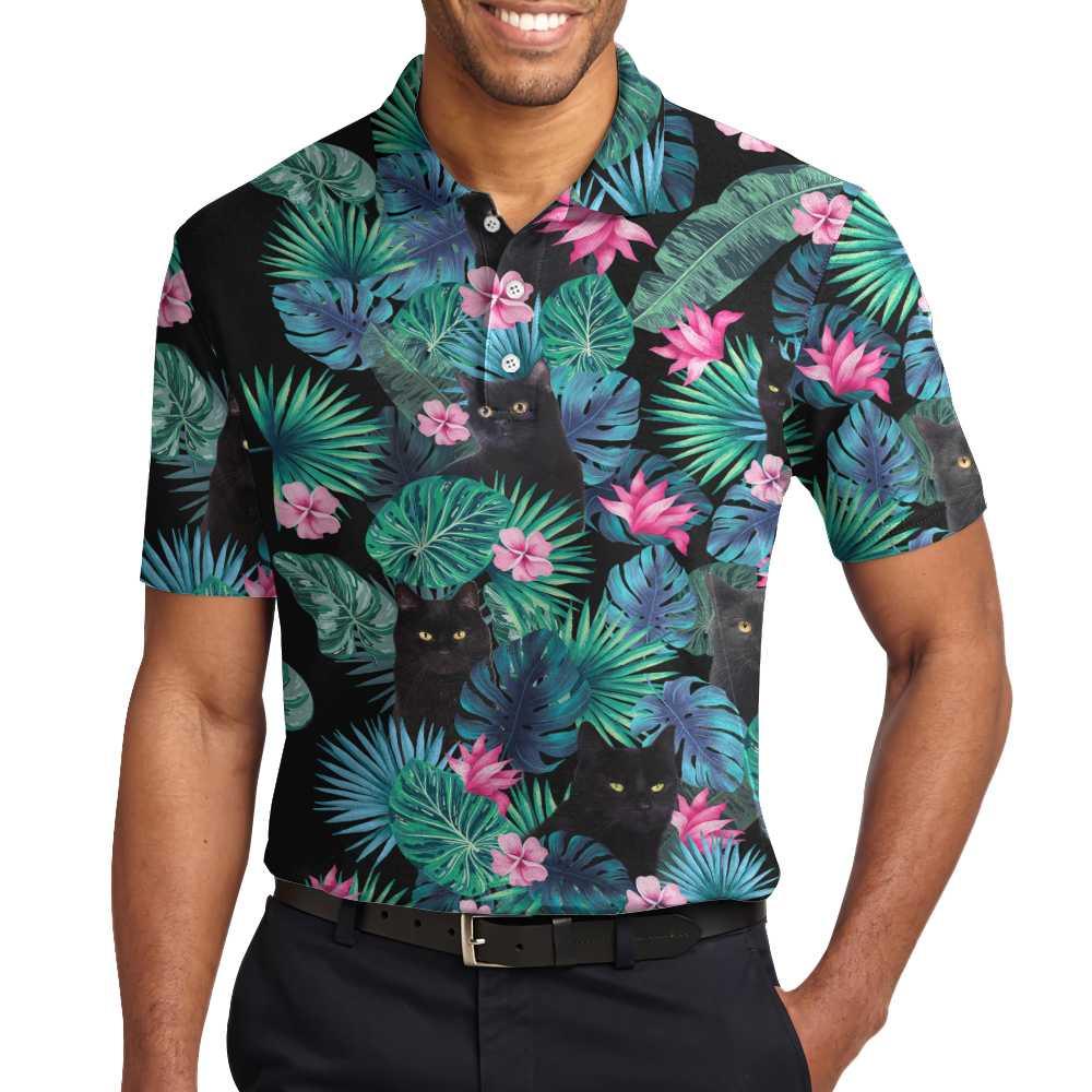 Men Polo Shirt - Black Cat Tropical Short Sleeve Polo Shirt, Cute Floral Polo Shirt, Best Golf Shirt For Men - Amzanimalsgift