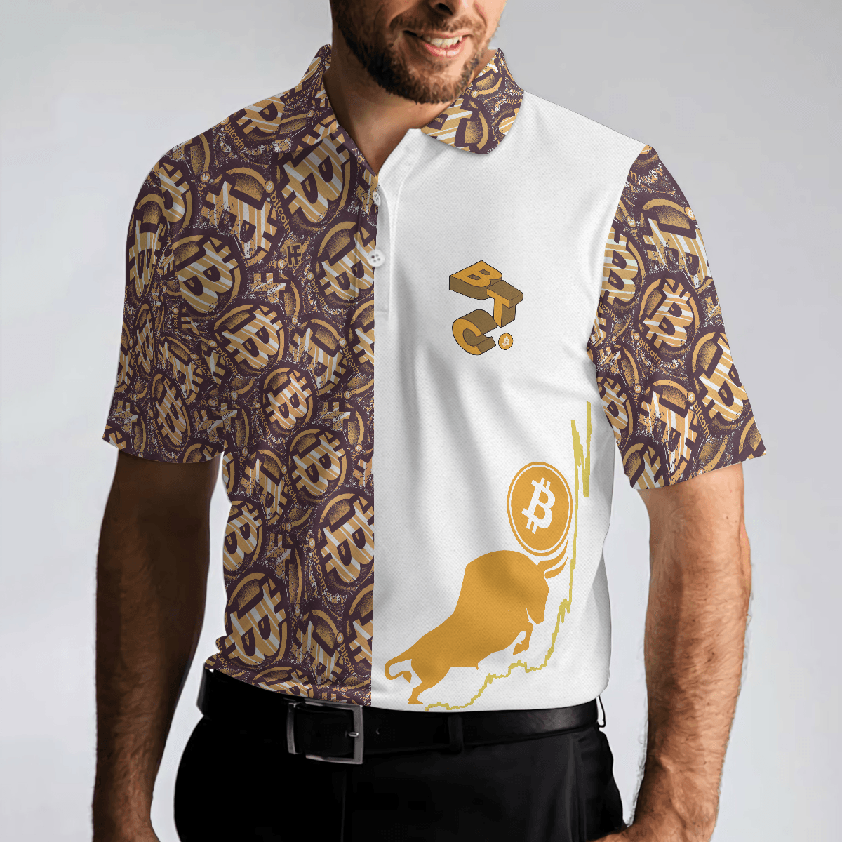 Men Polo Shirt - Golden Black Bitcoin Polo Shirt, White Bitcoin-Themed Polo Shirt, Best Shirt For Men, Bitcoin Investors - Amzanimalsgift