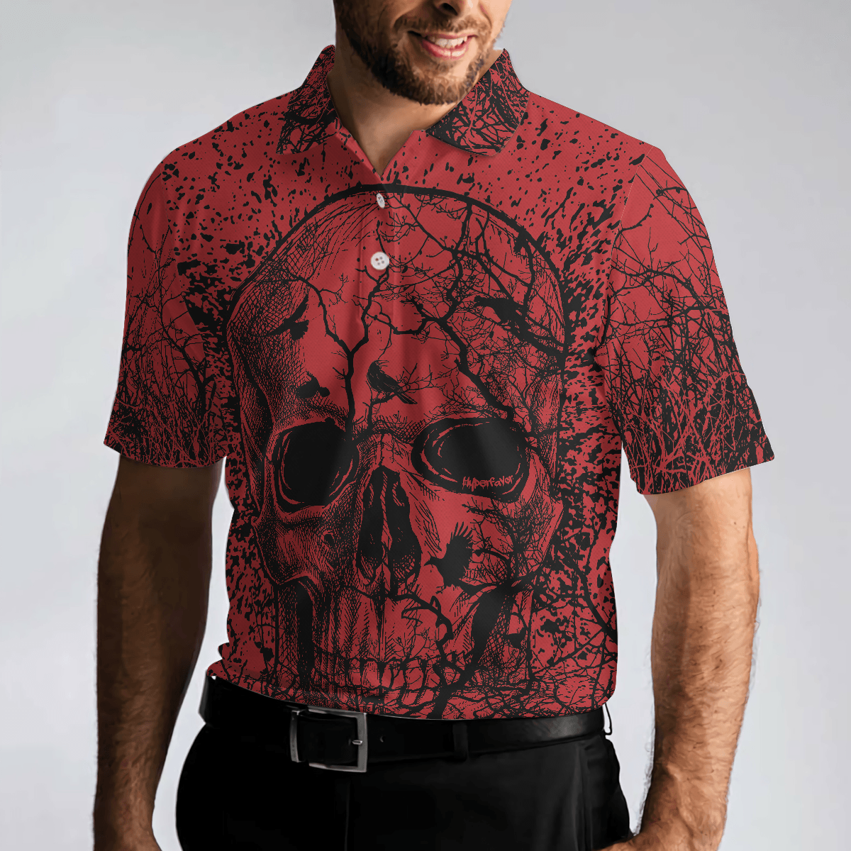 Men Skull Polo Shirt - Skull Crow Black And Red Polo Shirt, Dark Forrest Skull Crow Shirt For Men, Best Polo Shirt For Halloween - Perfect Gift For Men - Amzanimalsgift