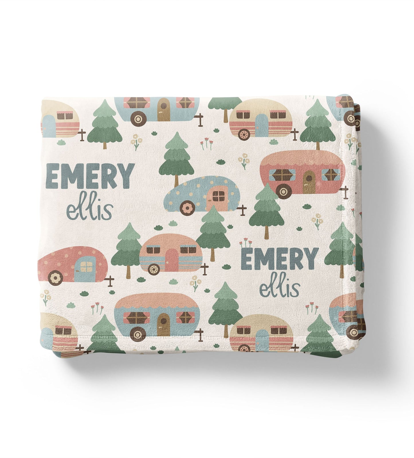 Happy Camper Baby Kids Blanket With Customized Name For Baby Nursery, Son, Daughter, Granddaughter, Grandson