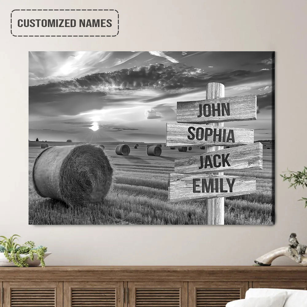 Family Street Sign Black And White Wall Art Canvas Customized Multi-Names, Hay Bale Fields Landscape Canvas Poster Decor