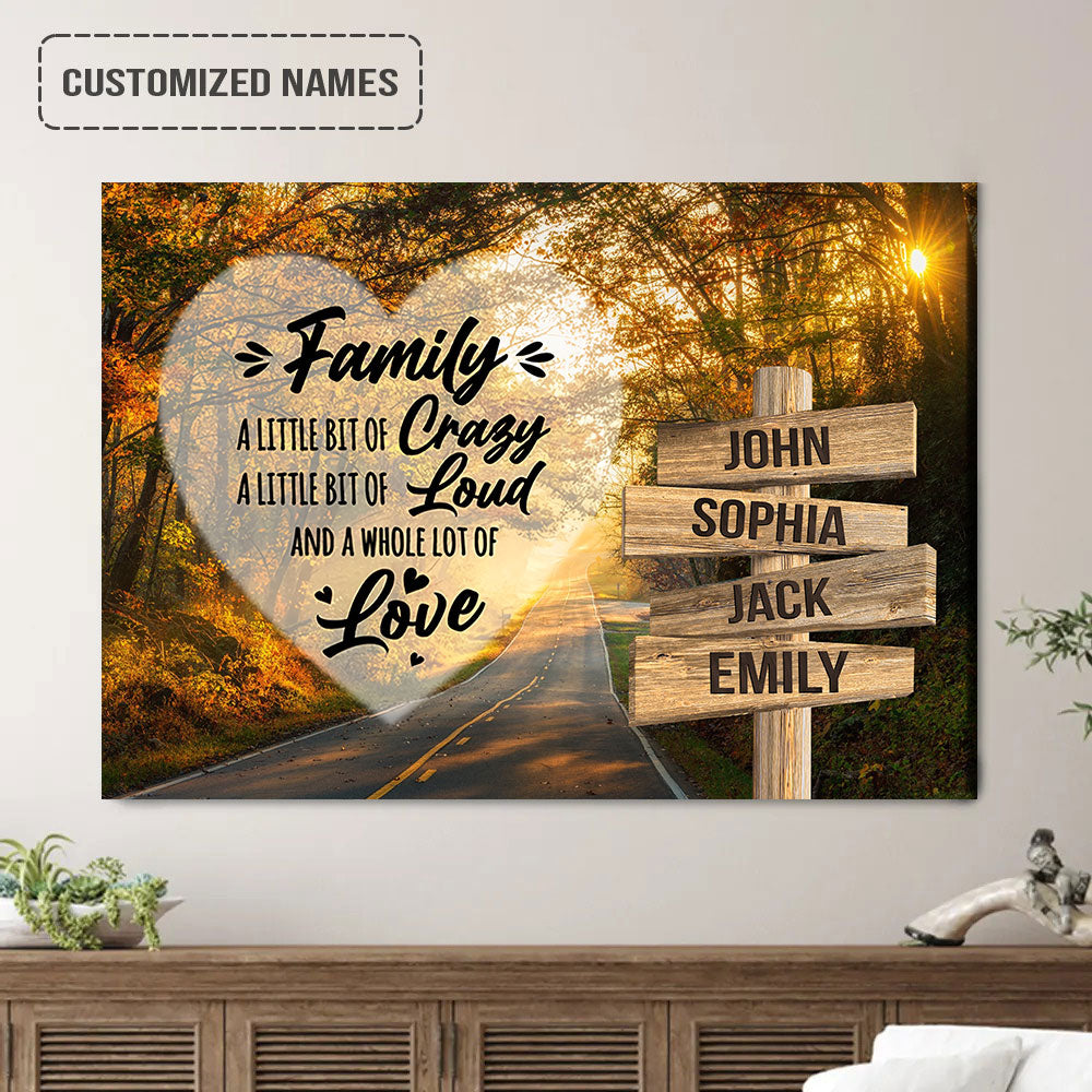Personalized Family Member Names Wall Art, Family Crazy Loud Love Autumn Road Wooden Names Signs Landscape Canvas Poster