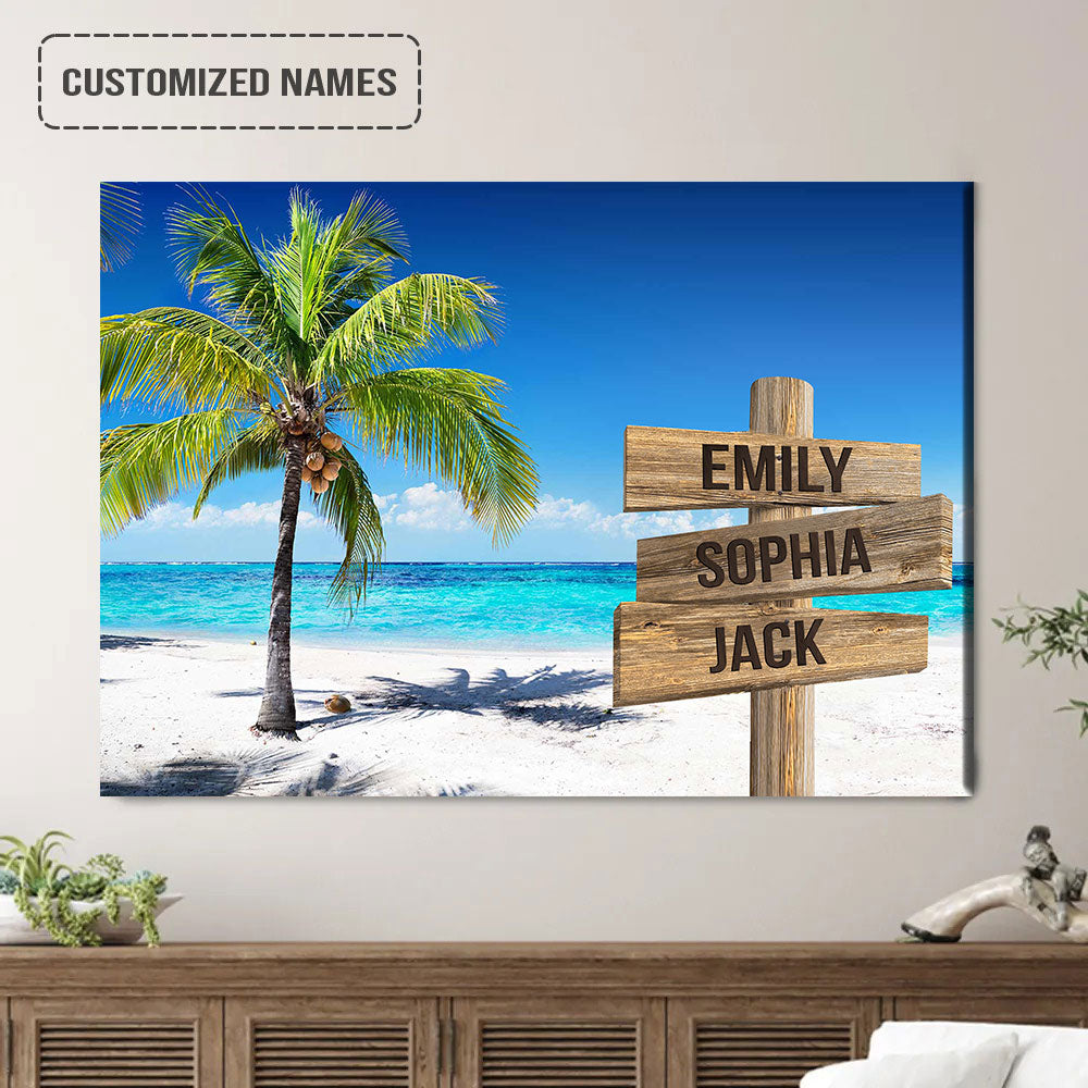 Personalized Family Street Sign Wall Art Custom Multi-Names, Palm Trees Ocean Breeze Landscape Canvas Home Decor