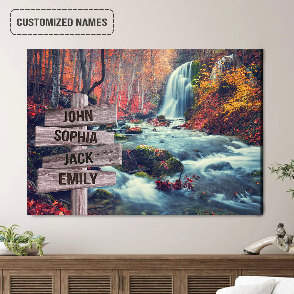 Personalized Family Street Sign Wall Art Canvas Multi-Names, Waterfall Mountain Autumn Forest Landscape Canvas Poster
