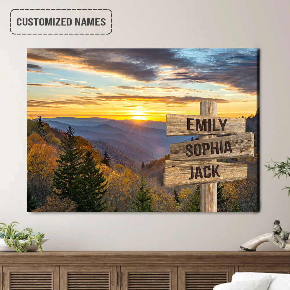 Family Street Sign Wall Art Customized Multi-Names, Sunrise At The Great Smoky Mountains Landscape Canvas Home Decor