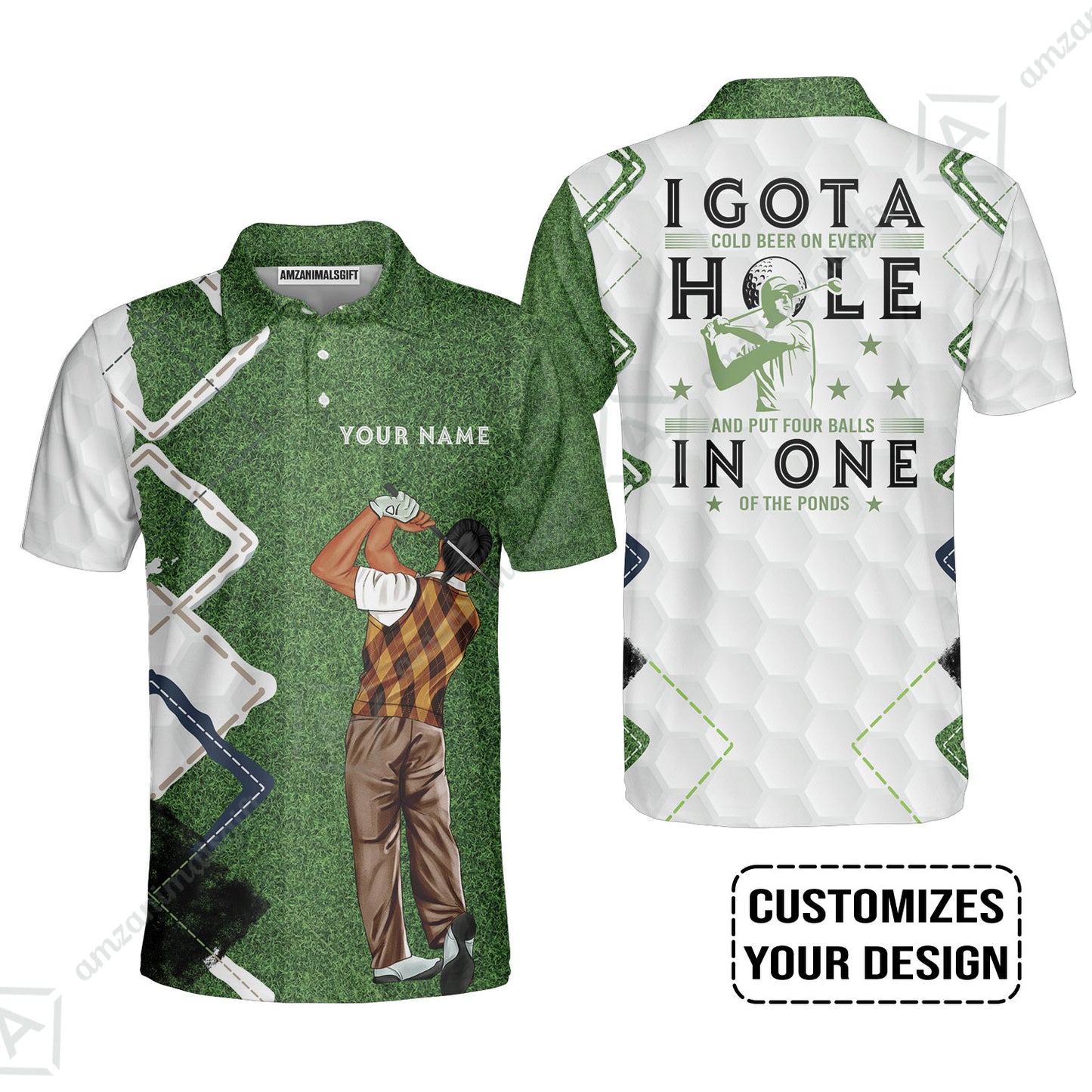 Golf Custom Polo Shirt, Green Argyle Golf Men Polo Shirt, I Got A Cold Beer On Every Hole In One Golf Personalized Polo Shirts