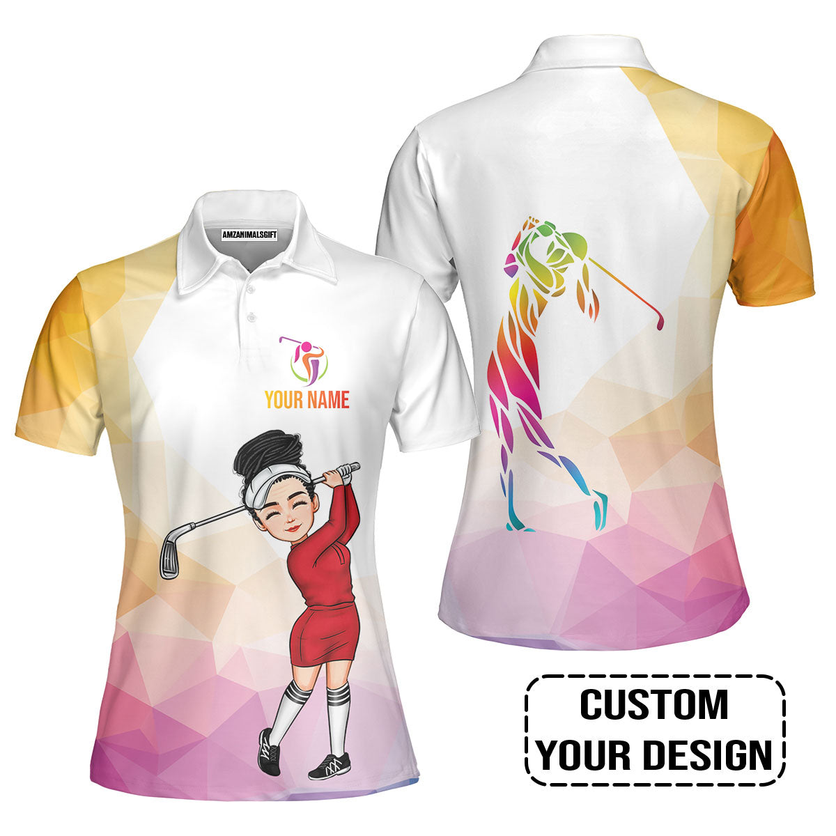Golf Custom Women Polo Shirt, Colorful Rainbow Polygonal Personalized Women Polo Shirt