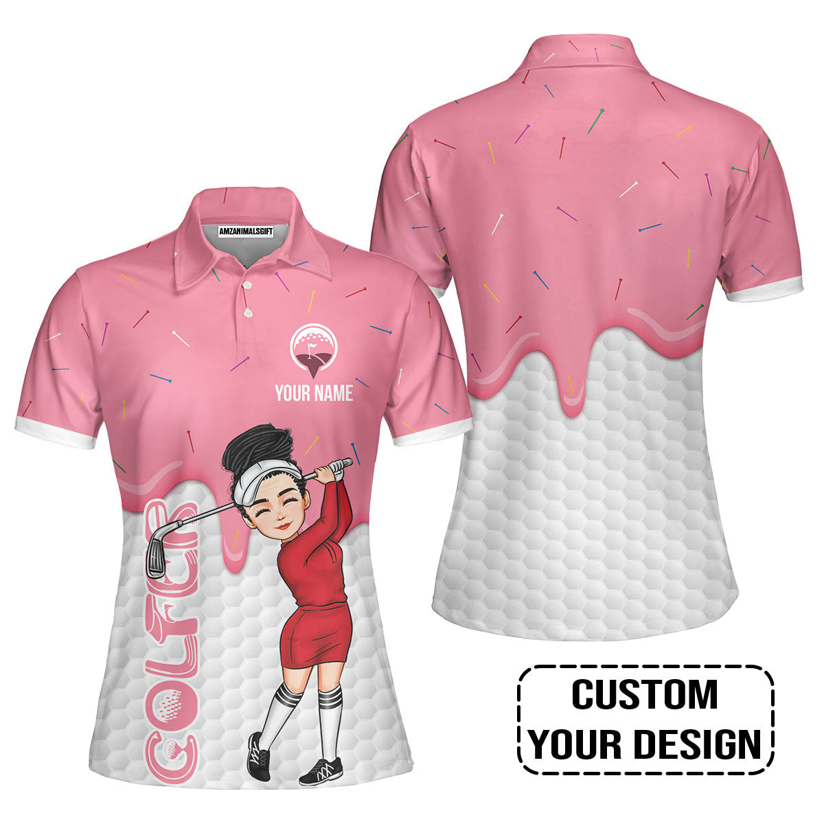 Golf Custom Women Polo Shirt, Ice Cream Melting On Golf Ball Cone Personalized Women Polo Shirts