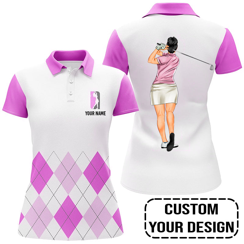Golf Custom Women Polo Shirt, Argyle Pattern Golf Personalized Women Polo Shirt