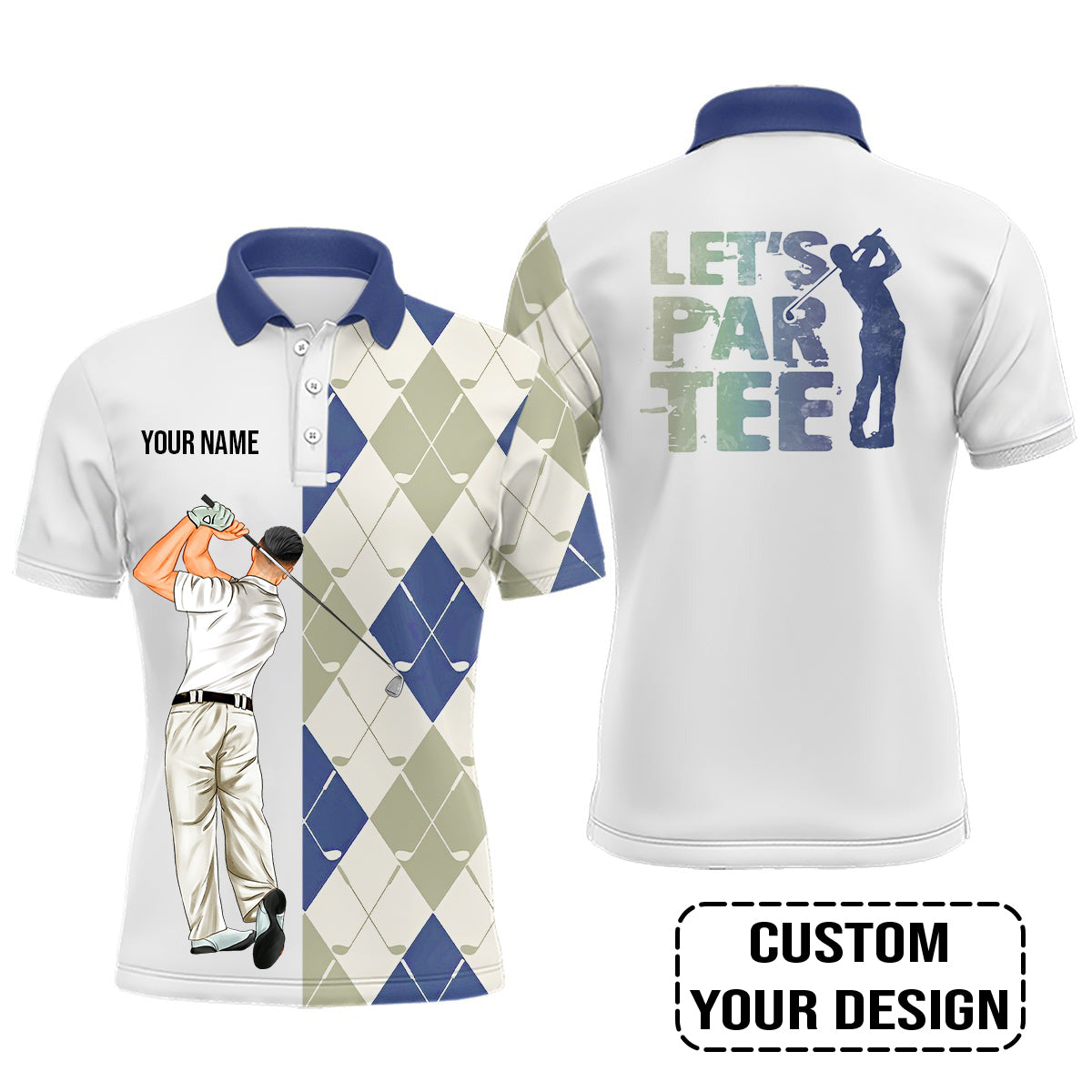 Golf Custom Polo Shirt, Argyle Pattern Golf Clubs, Let's par tee Personalized Golf Polo Shirt