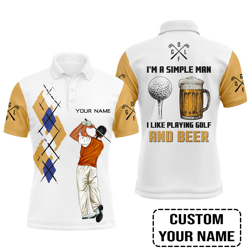 Golf Custom Polo Shirt, I'm A Simple Man Beer Argyle Pattern Personalized Golf Polo Shirt