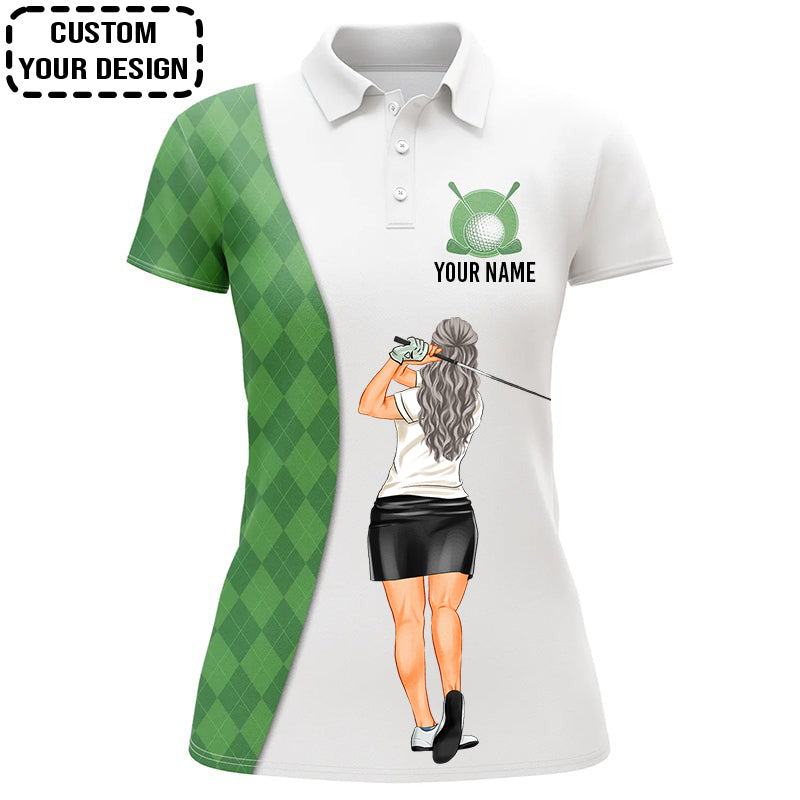 Golf Custom Women Polo Shirt, Green Argyle Plaid Pattern Golf Women Golf Polo Shirt