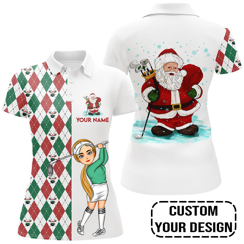 Golf Custom Women Polo Shirt, Argyle Pattern Christmas Personalized Women Polo Shirt