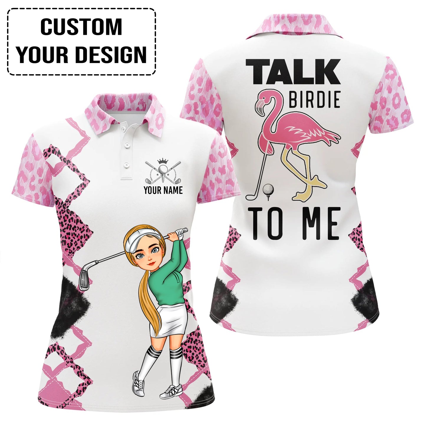 Golf Custom Women Polo Shirt, Funny Pink Leopard Women Golf Polo Shirt, Talk Birdie To Me Personalized Women Polo Shirt