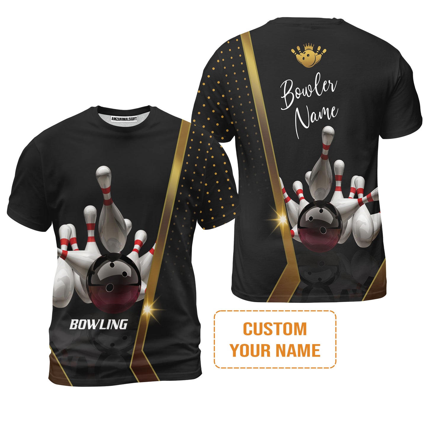 Customized Bowling Polo Shirt, Black And Golden Pattern Personalized Bowling Polo Shirt For Men - Gift For Bowlers, Bowling Lovers