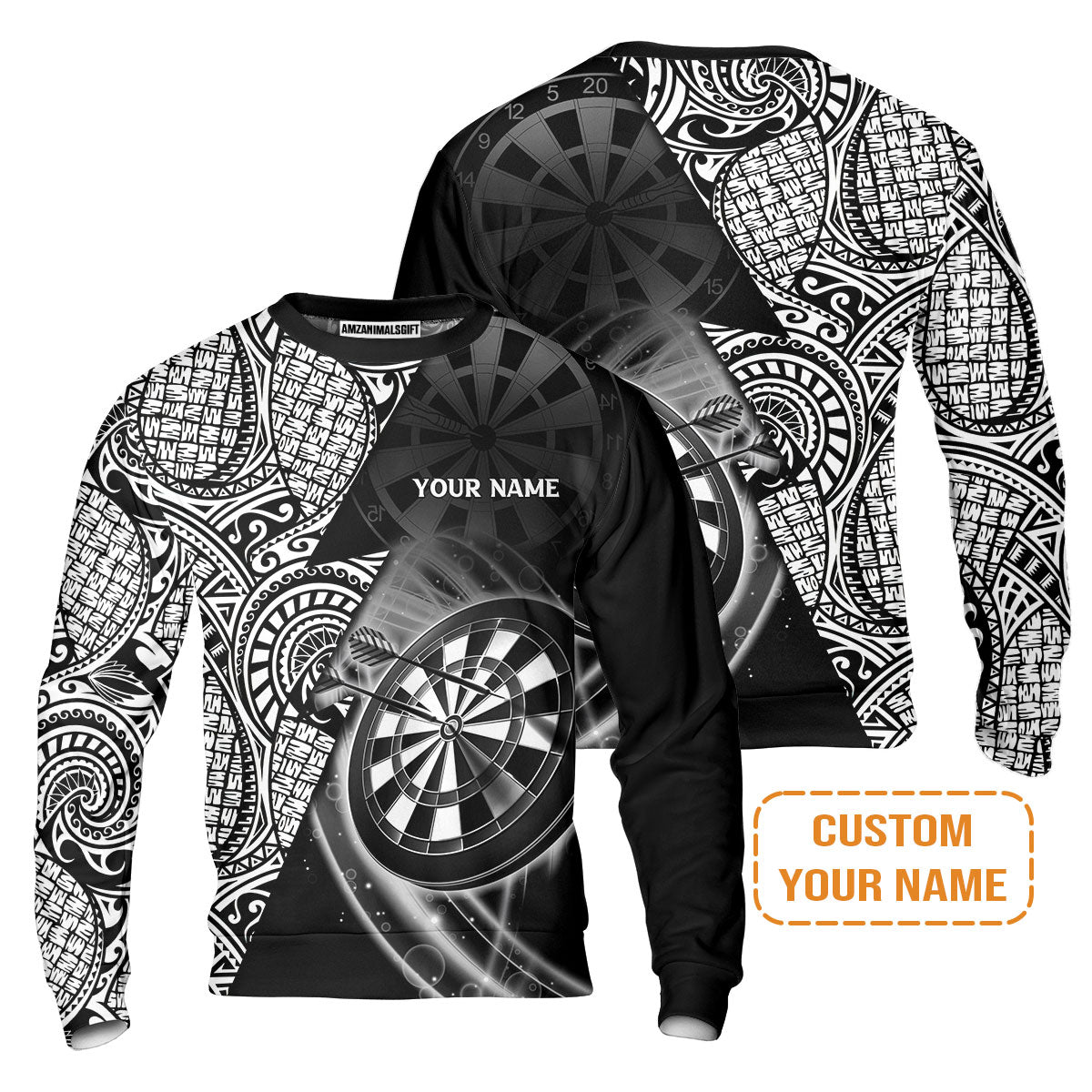 Customized Darts Men's Long Sleeve Polo Shirt, Black & White Tattoo Darts, Personalized Name Long Sleeve Polo Shirt For Men - Perfect Gift For Darts Lovers, Darts Players