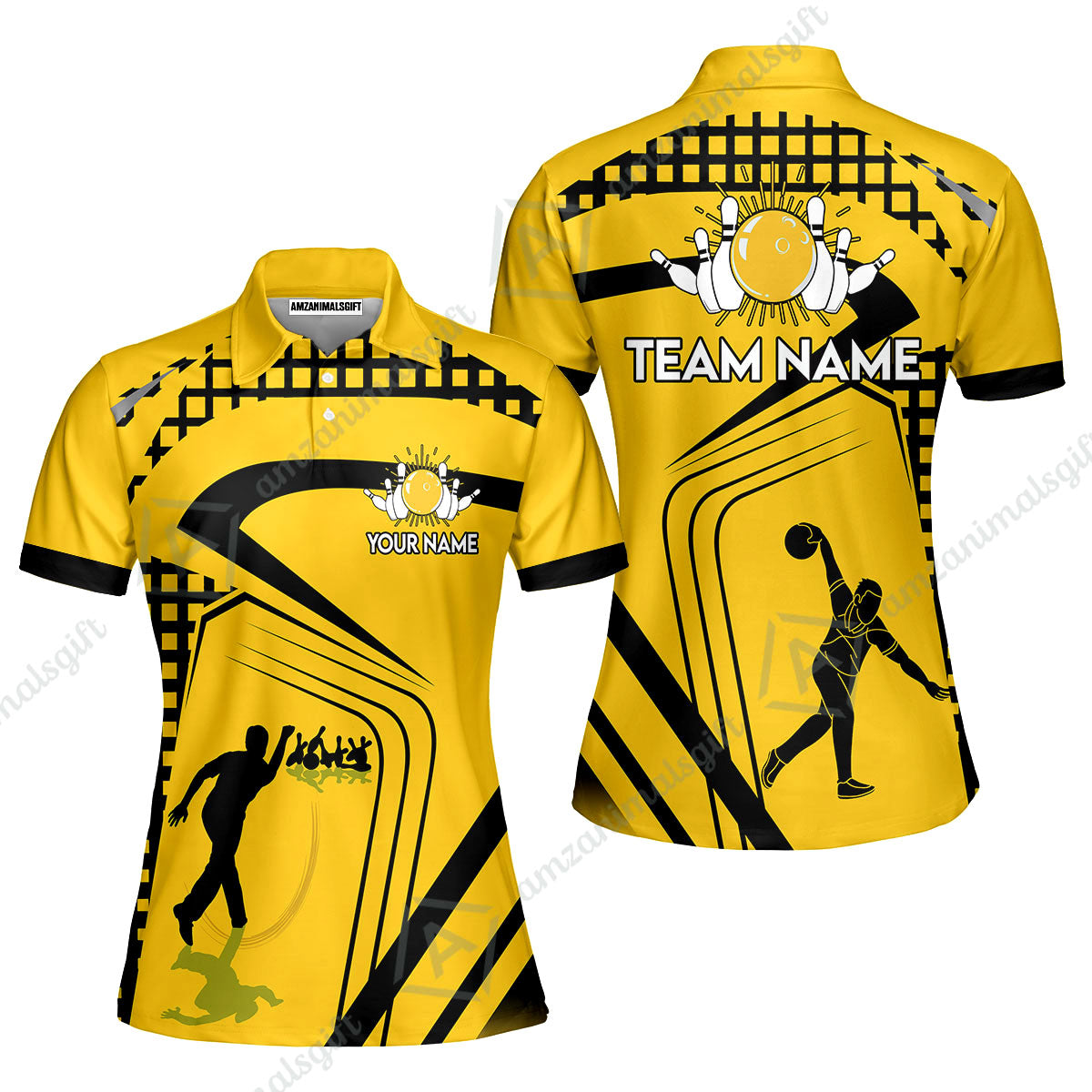Customized Bowling Team Women Polo Shirts, Yellow Slash Bowling Uniforms Personalized Name And Team Name For Bowlers