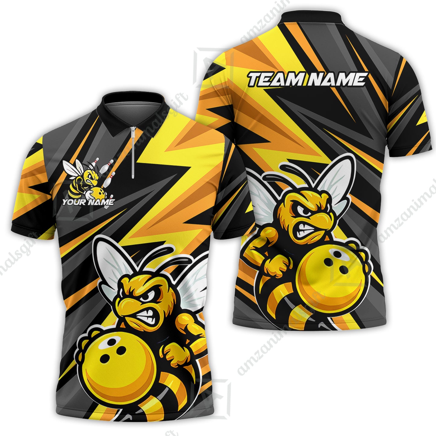 Custom Bowling Team Jersey, Bowling Angry Bee Yellow Strike Polo Quarter-Zip Shirts, Bowling Uniforms Jerseys, Custom Name And Team Name