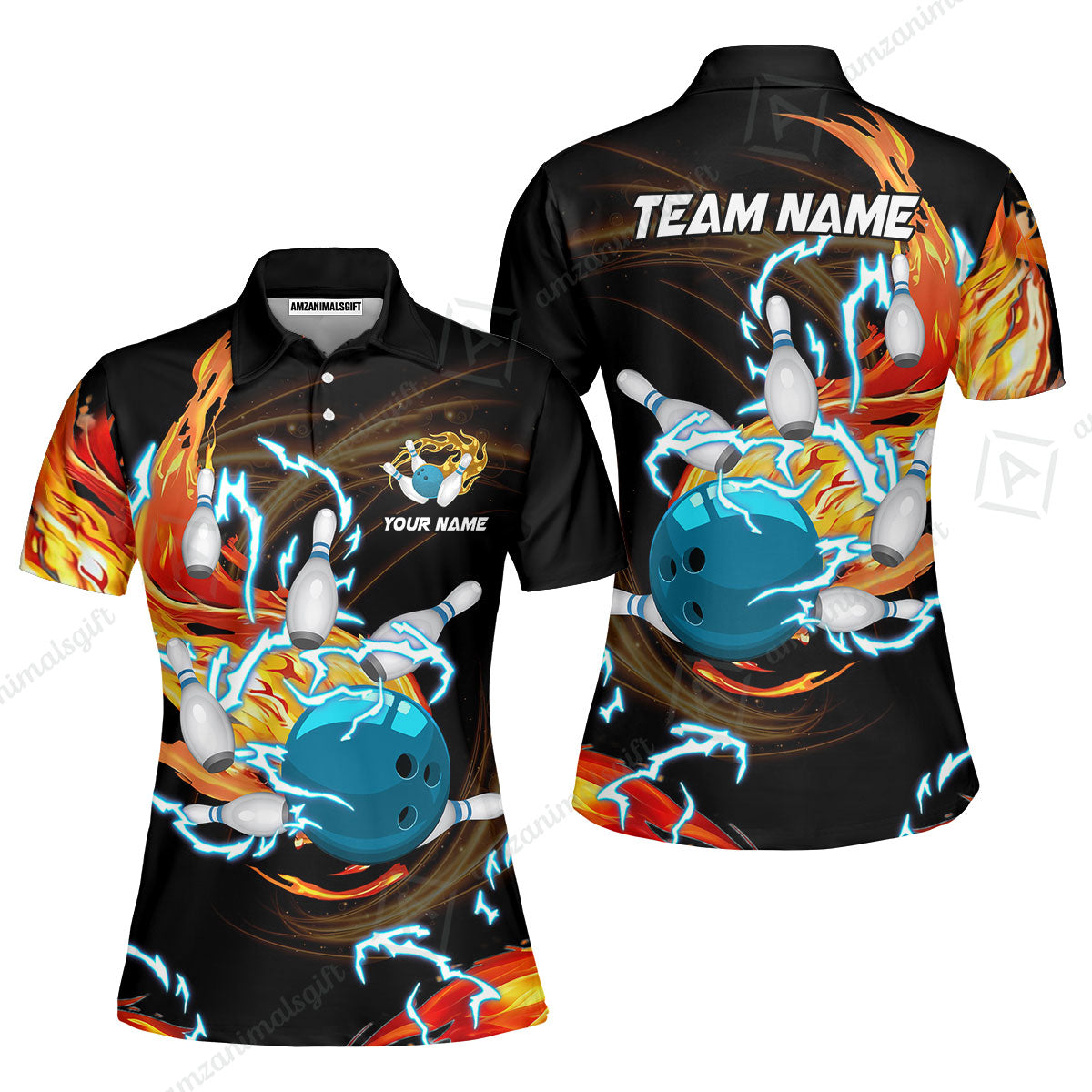 Customized Bowling Unisex Polo Shirt, Bowling Ball & Pins Breath Of Thunder Flame Multicolor Option Customized Name And Team Name For Bowling Team