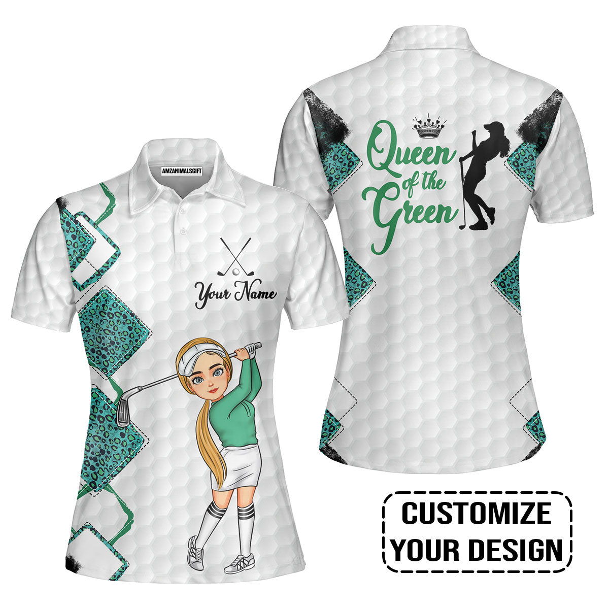 Golf Custom Women Polo Shirt, Leopard Pattern Queen Of The Green Personalized Women Polo Shirts