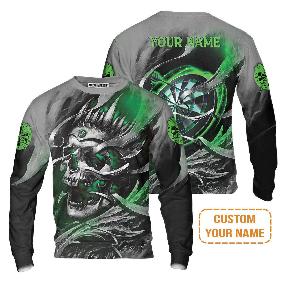Darts T-Shirt Custom Name - Green Skull Dartboard Personalized T-Shirt For Men