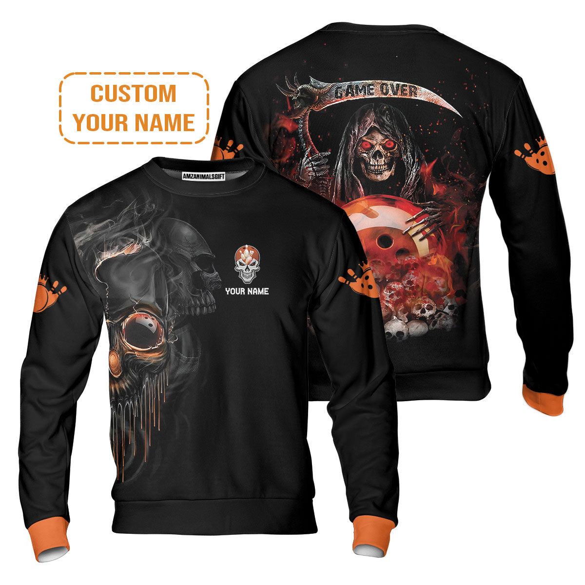 Customized Name Bowling T-Shirt, Orange Grim Reaper Personalized Bowling T-Shirt