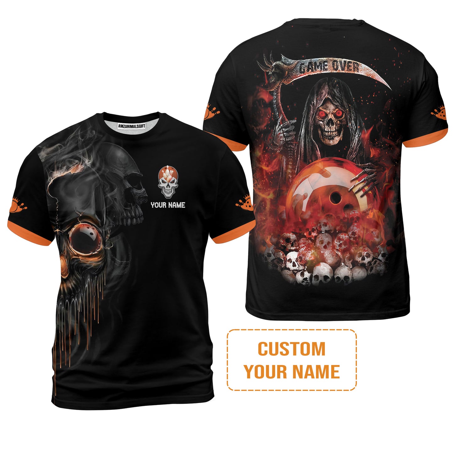 Customized Name Bowling Men Polo Shirt, Orange Grim Reaper Personalized Bowling Polo Shirt - Gift For Bowling Players Uniforms, Bowling Lovers