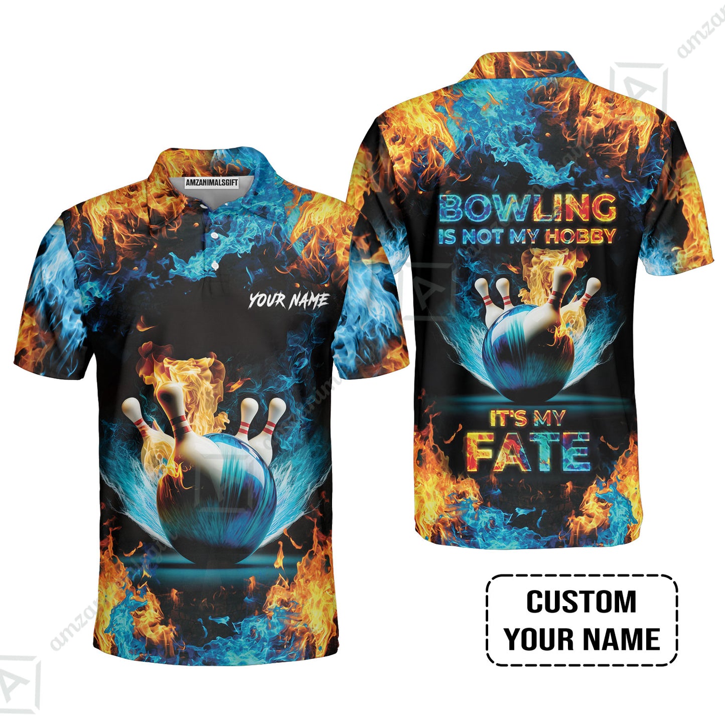 Bowling Custom T-Shirt - Custom Name Blue Bowling Ball And Pins On Fire Personalized Bowling T-Shirt