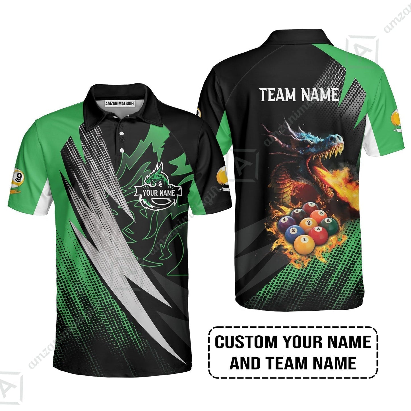 Custom Billiards T-Shirt, Custom Name And Team Name Billiards Pool 9 Ball Dragon Green Pattern T-Shirt