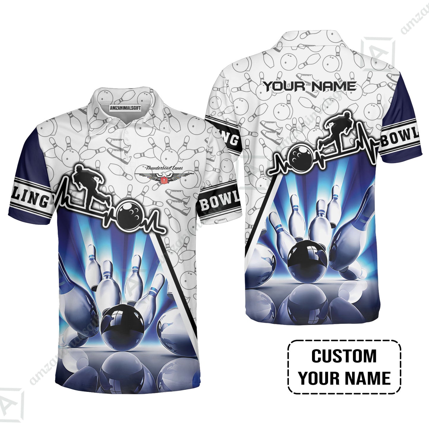 Customized Name Bowling T-Shirt, Personalized Unique Design Blue Heartbeat Bowling T-Shirt
