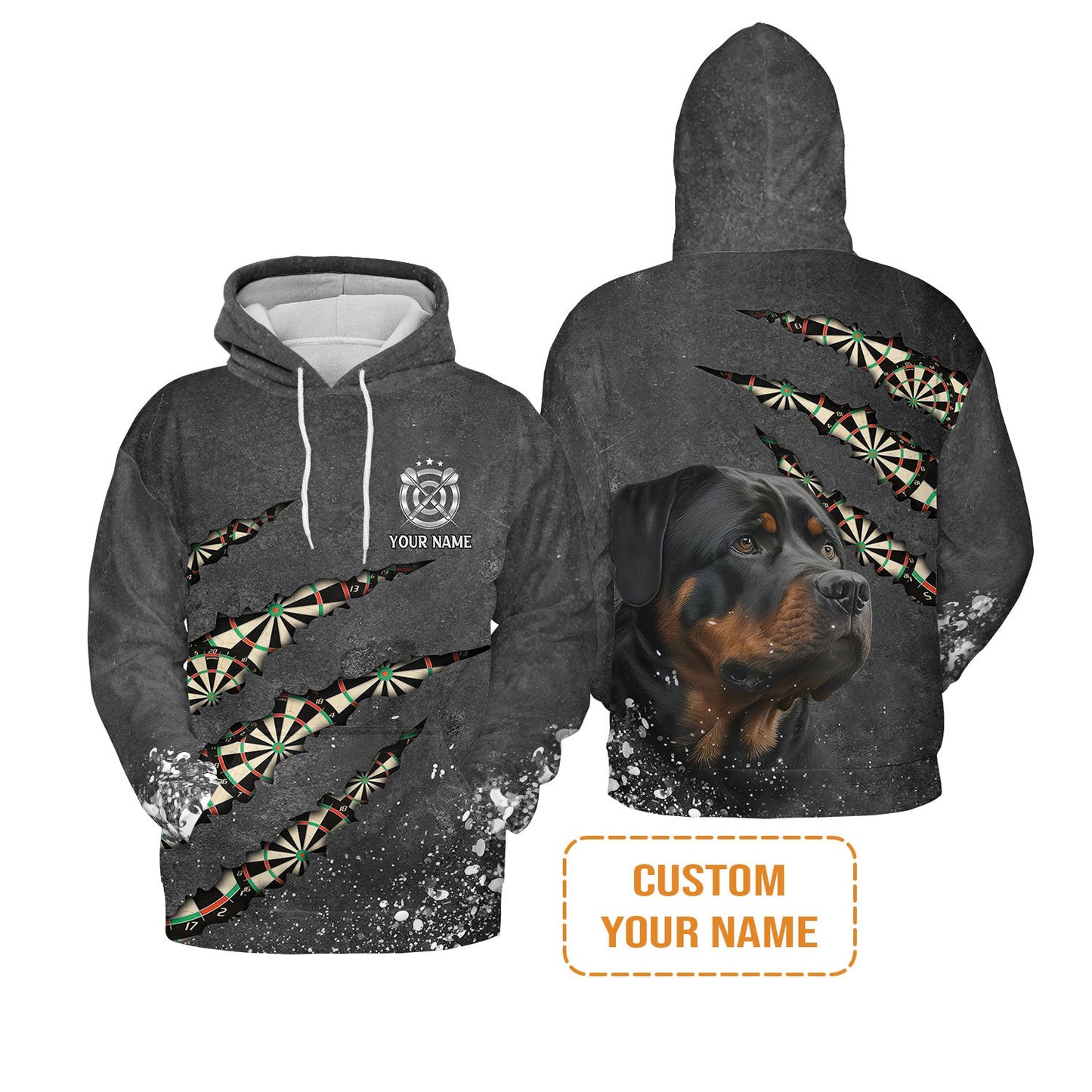 Rottweiler And Darts Custom Name Men's Long Sleeve Polo Shirt, Darts Paint Splash Personalized Men Polo Shirt Gift For Darts Lover, Team, Dog Lover