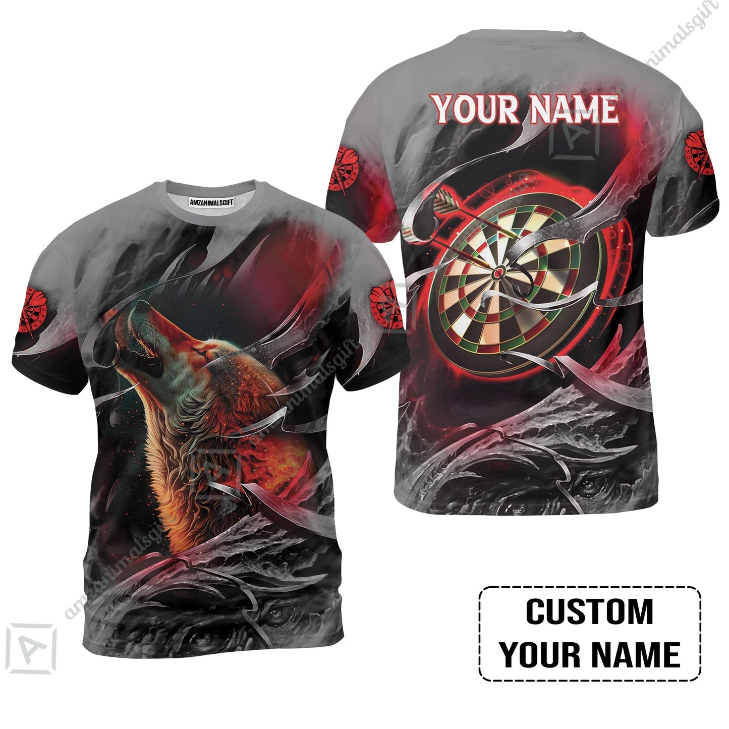 Customized Name Darts Zip Polo Shirt, Bullseye Dartboard Personalized Flame Wolf And Darts Zip Polo Shirt