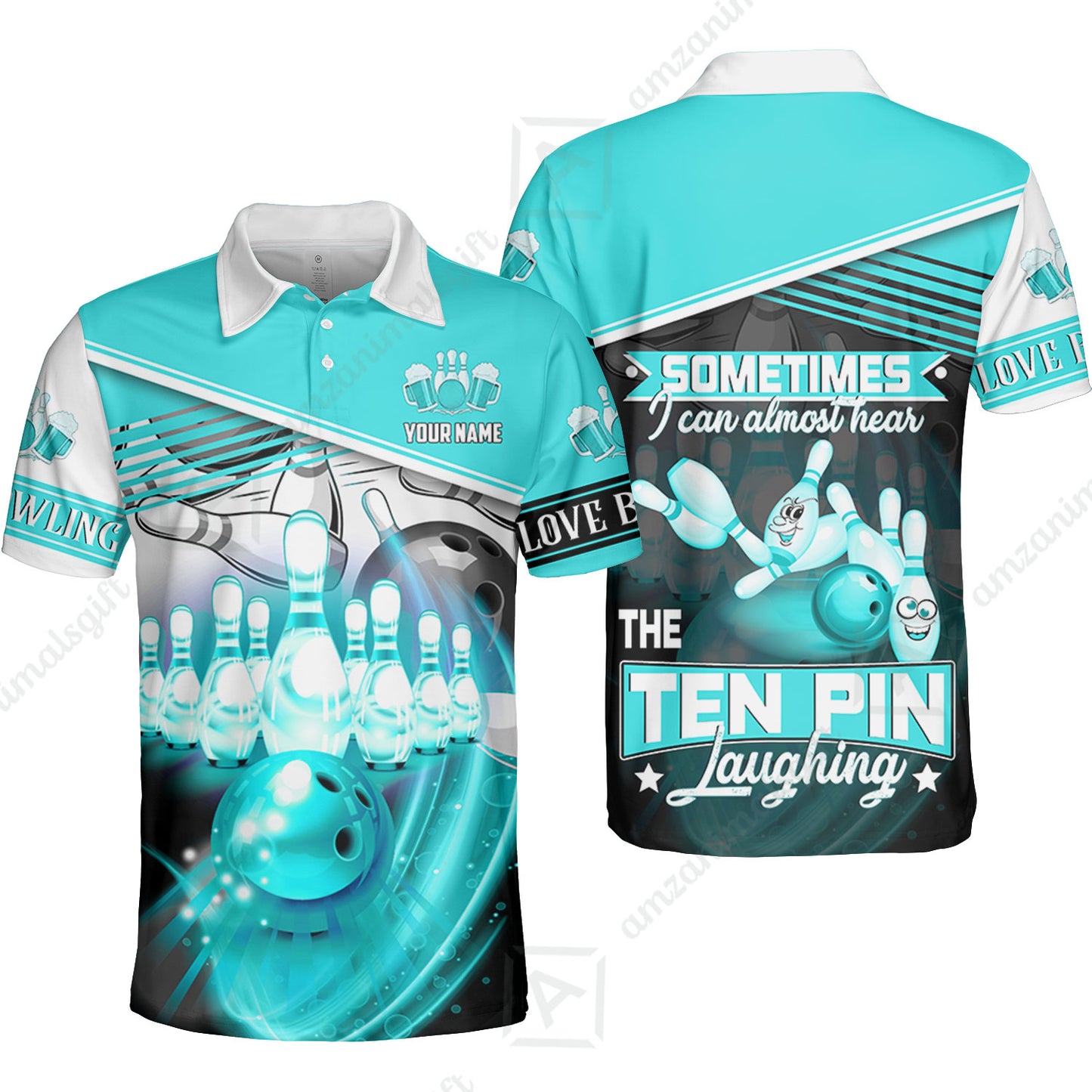 Customized Bowling Unisex Polo, The Blue Bowling Ball Crashing The Pins Purple Pattern Personalized Name Team Name Logo For Bowling Team