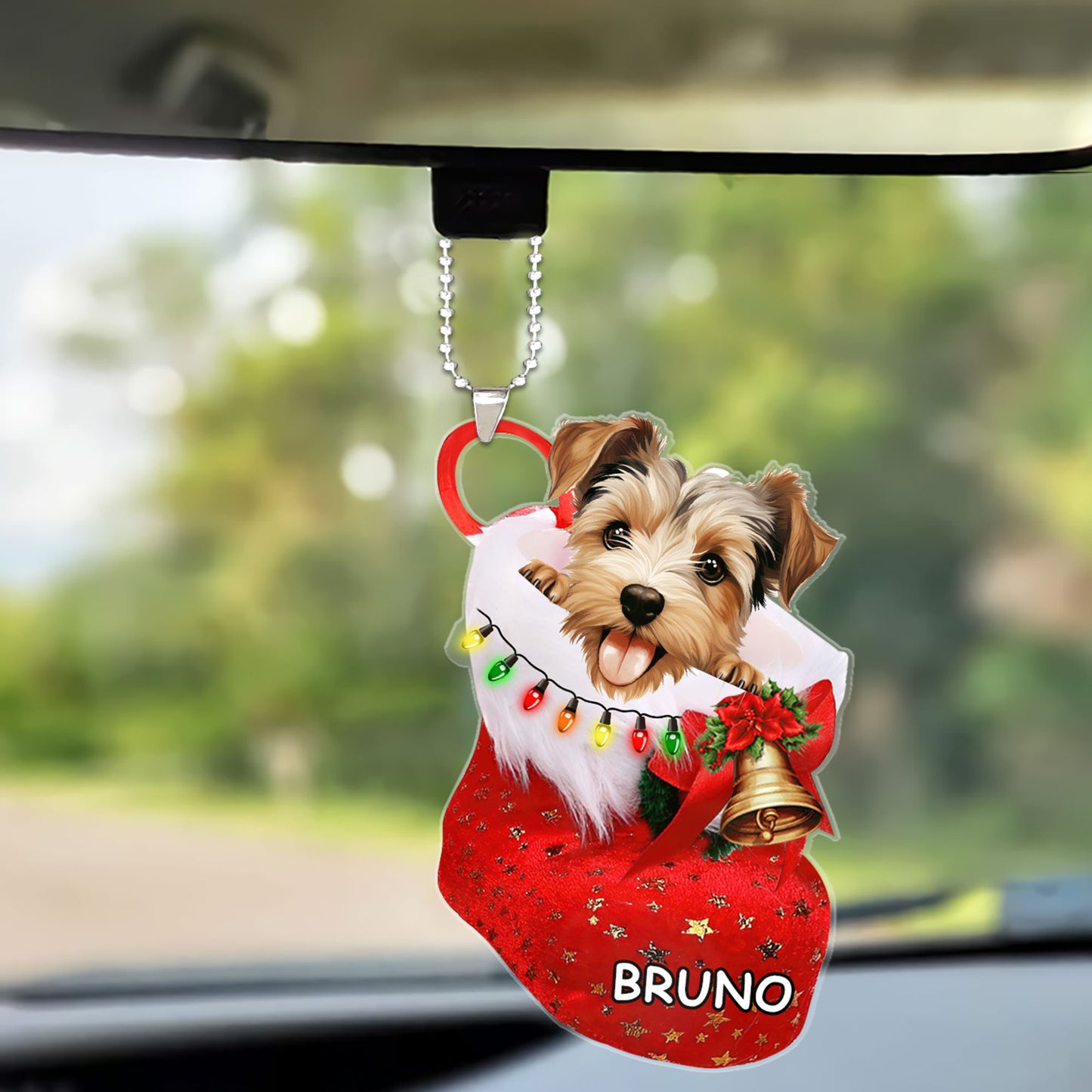 Custom Dog Acrylic Christmas Keychain, Personalized Biewer Terrier in Christmas Stocking Acrylic Keychain for Dog Lover, New Year